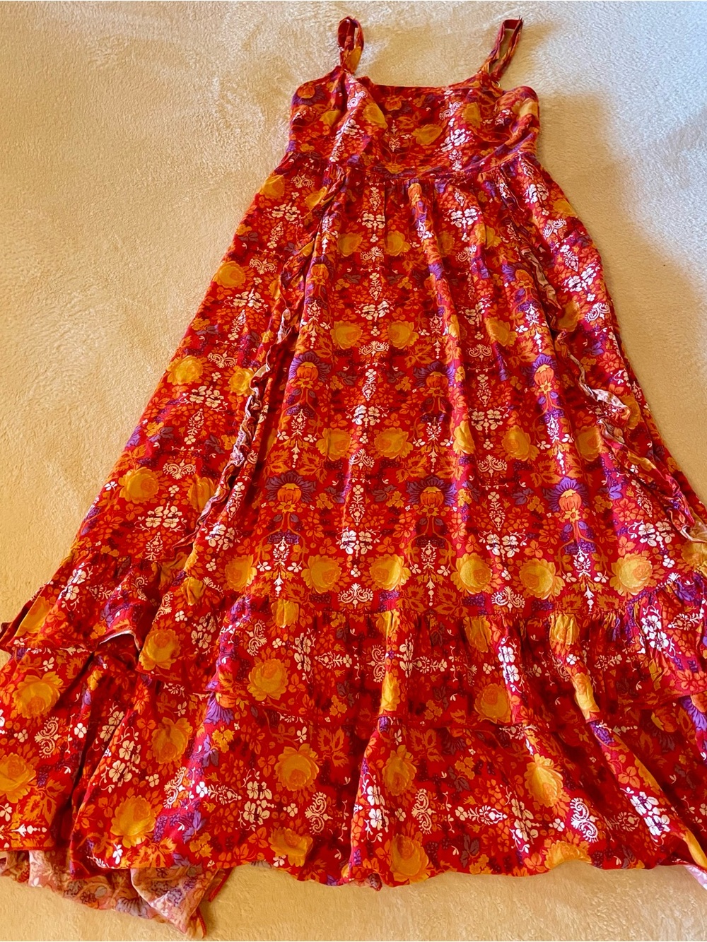 Floral Red and Yellow Maxi Dress with Spaghetti Straps